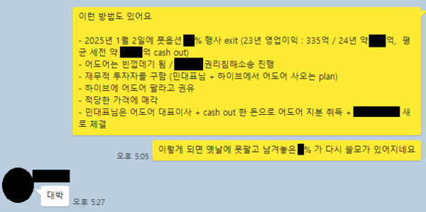 하이브가 민희진 어도어 대표의 경영권 탈취 계획에 대해 감사권을 발동한 뒤 확보한 카카오톡 대화록. 민 대표와 어도어 경영진의 단체 대화방에서 2024년 4월4일 오간 대화 내용이다. 부대표의 구상에 민 대표가 답하고 있다.  /사진 제공=하이브